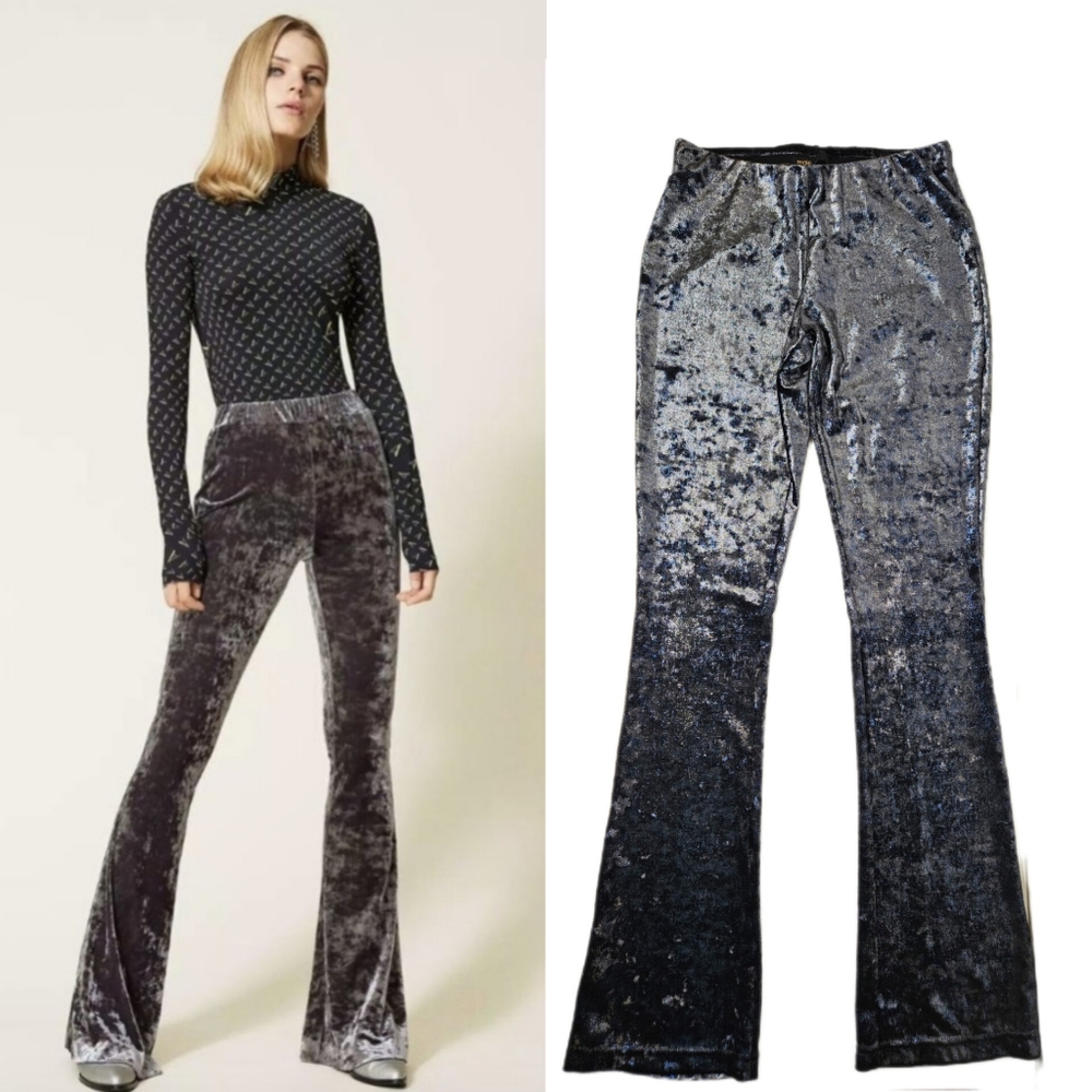 MAJE Galop Velvet Flare Pants Sz M Stretch Metallic Bootcut